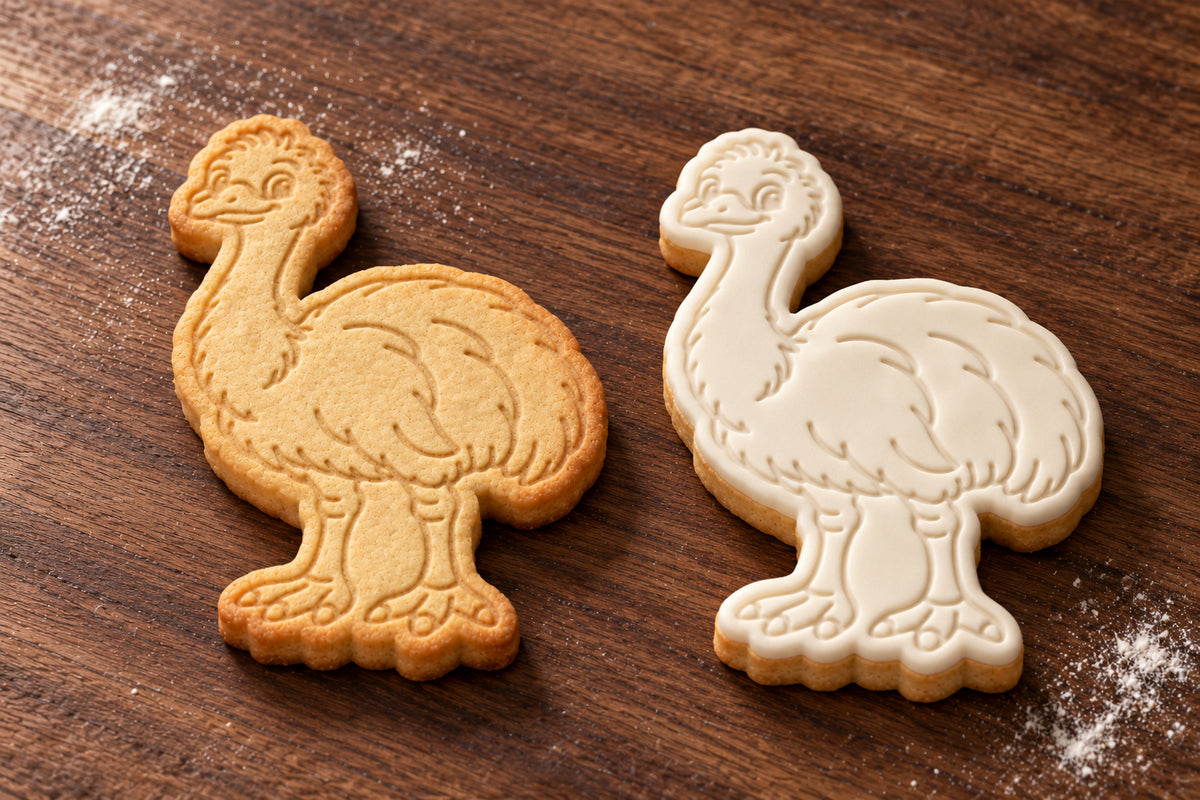 Emu plain and white fondant cookie examples