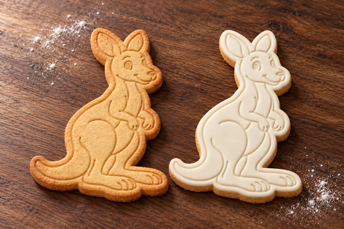 Kangaroo plain and white fondant cookie examples