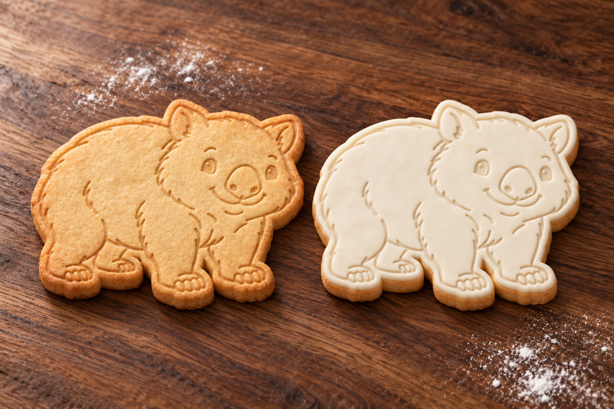 Wombat plain and white fondant cookie examples