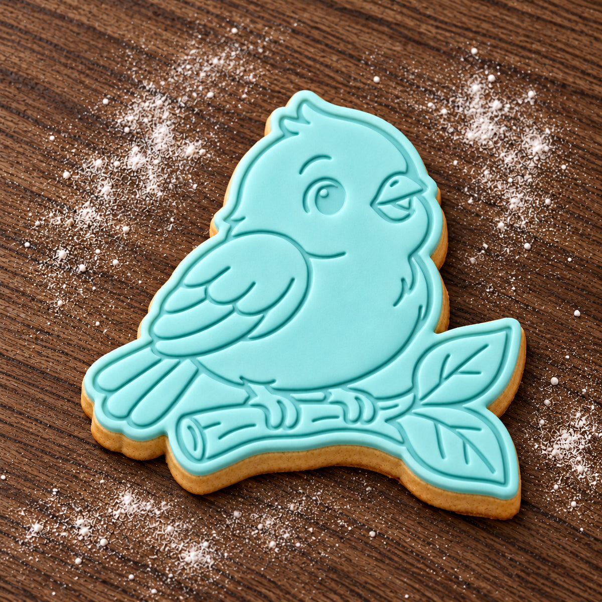 Bird on Branch cookie cutter and embosser set – aqua fondant cookie example