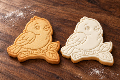 Bird on Branch cookie cutter and embosser set – plain cookie and white fondant cookie examples