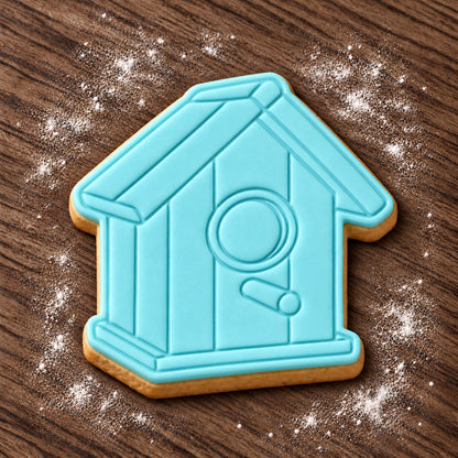 Birdhouse cookie cutter and embosser set – aqua fondant cookie example