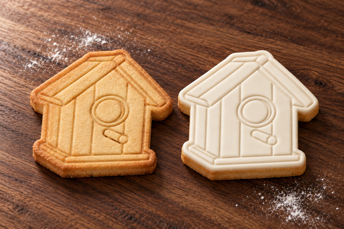 Birdhouse cookie cutter and embosser set – plain cookie and white fondant cookie examples