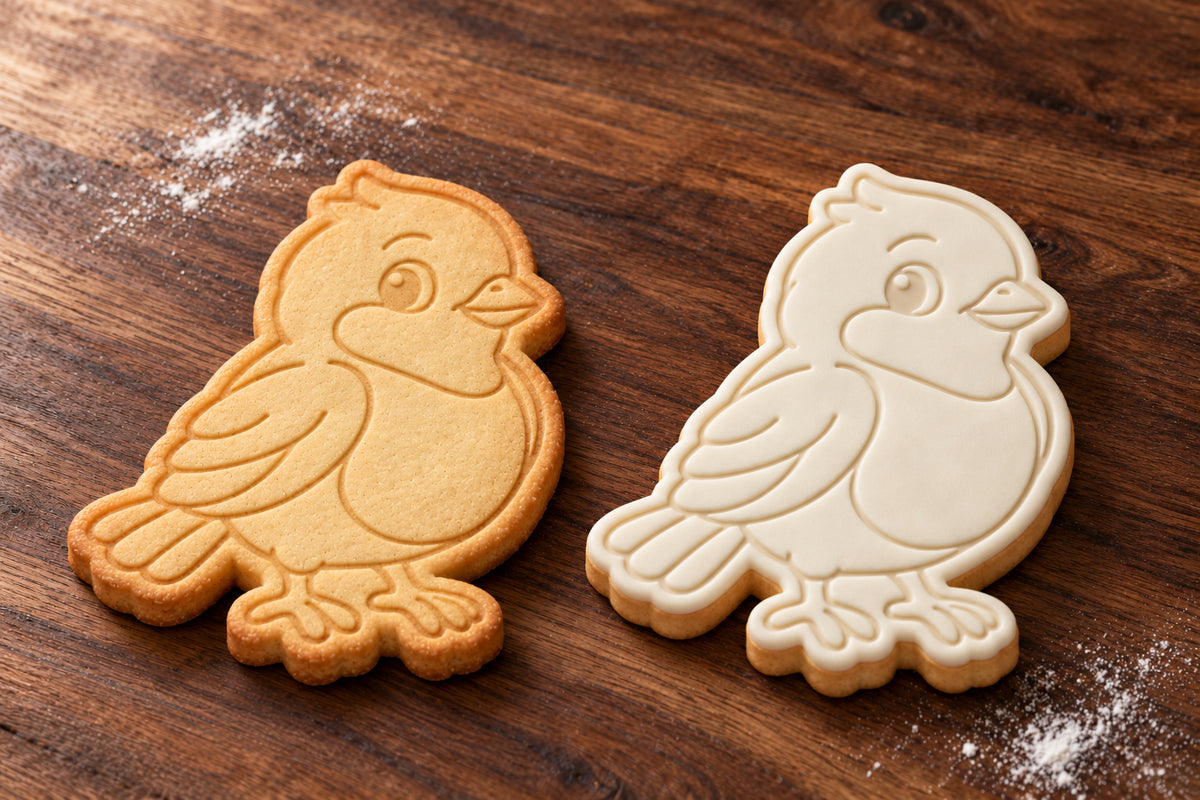 Bluebird cookie cutter and embosser set – plain cookie and white fondant cookie examples
