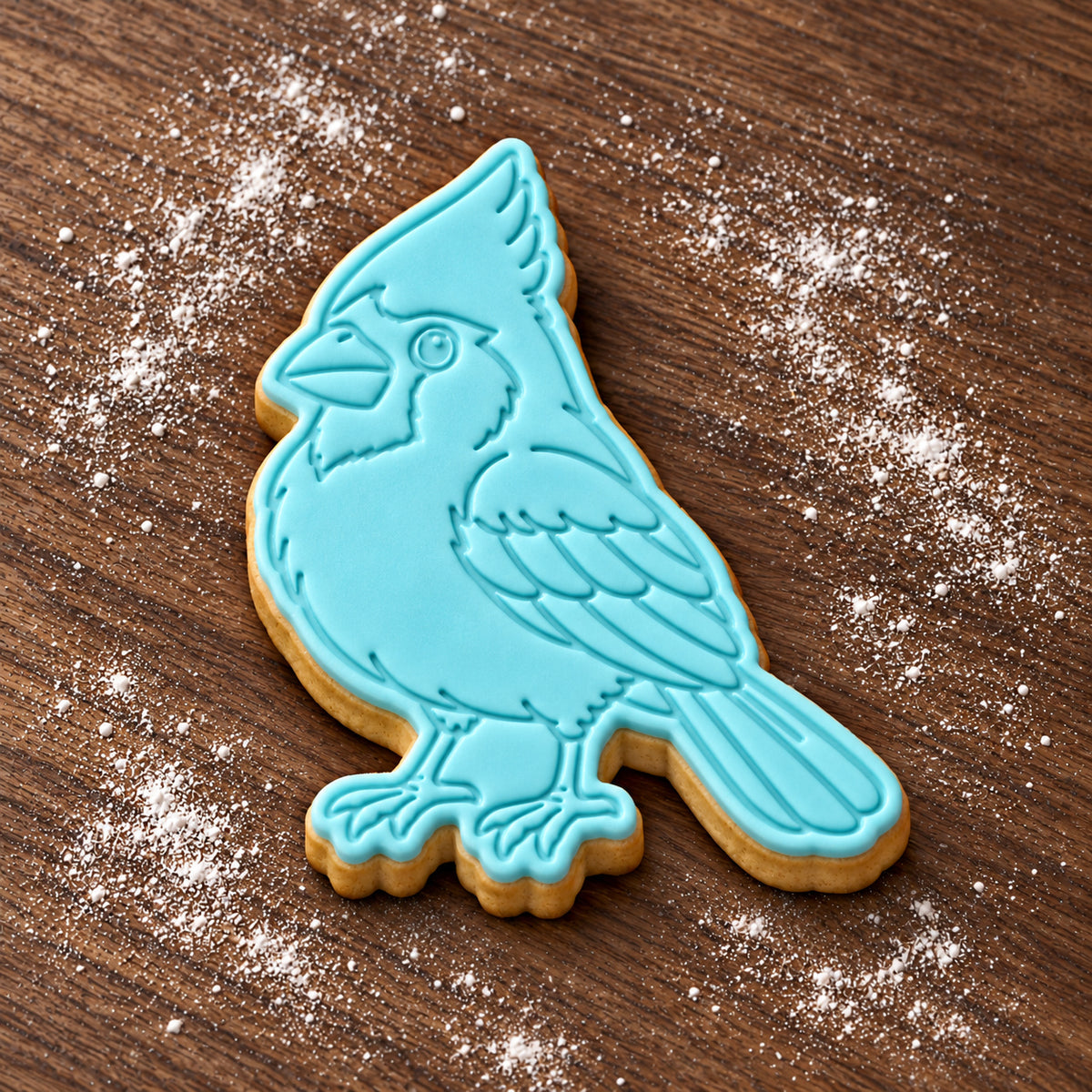 Cardinal cookie cutter and embosser set – aqua fondant cookie example