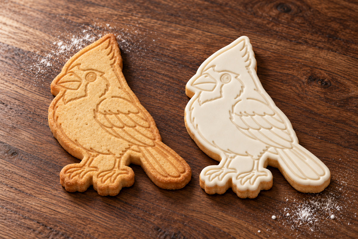 Cardinal cookie cutter and embosser set – plain cookie and white fondant cookie examples