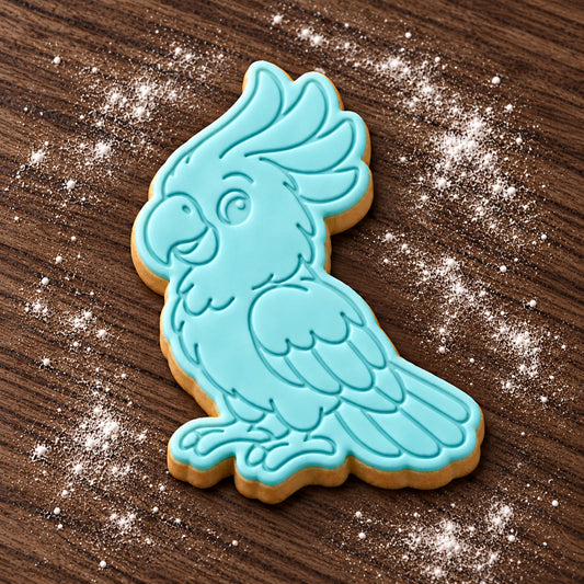 Cockatoo cookie cutter and embosser set – aqua fondant cookie example