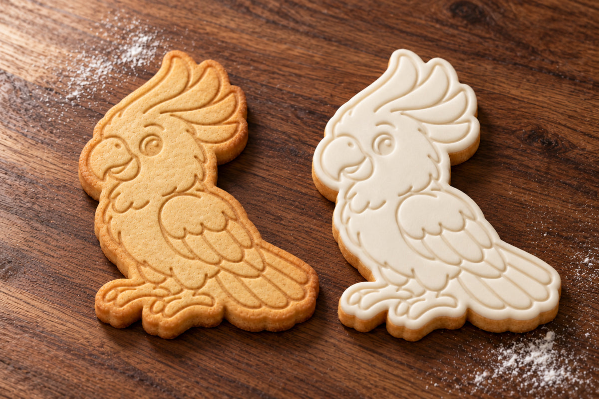 Cockatoo cookie cutter and embosser set – plain cookie and white fondant cookie examples