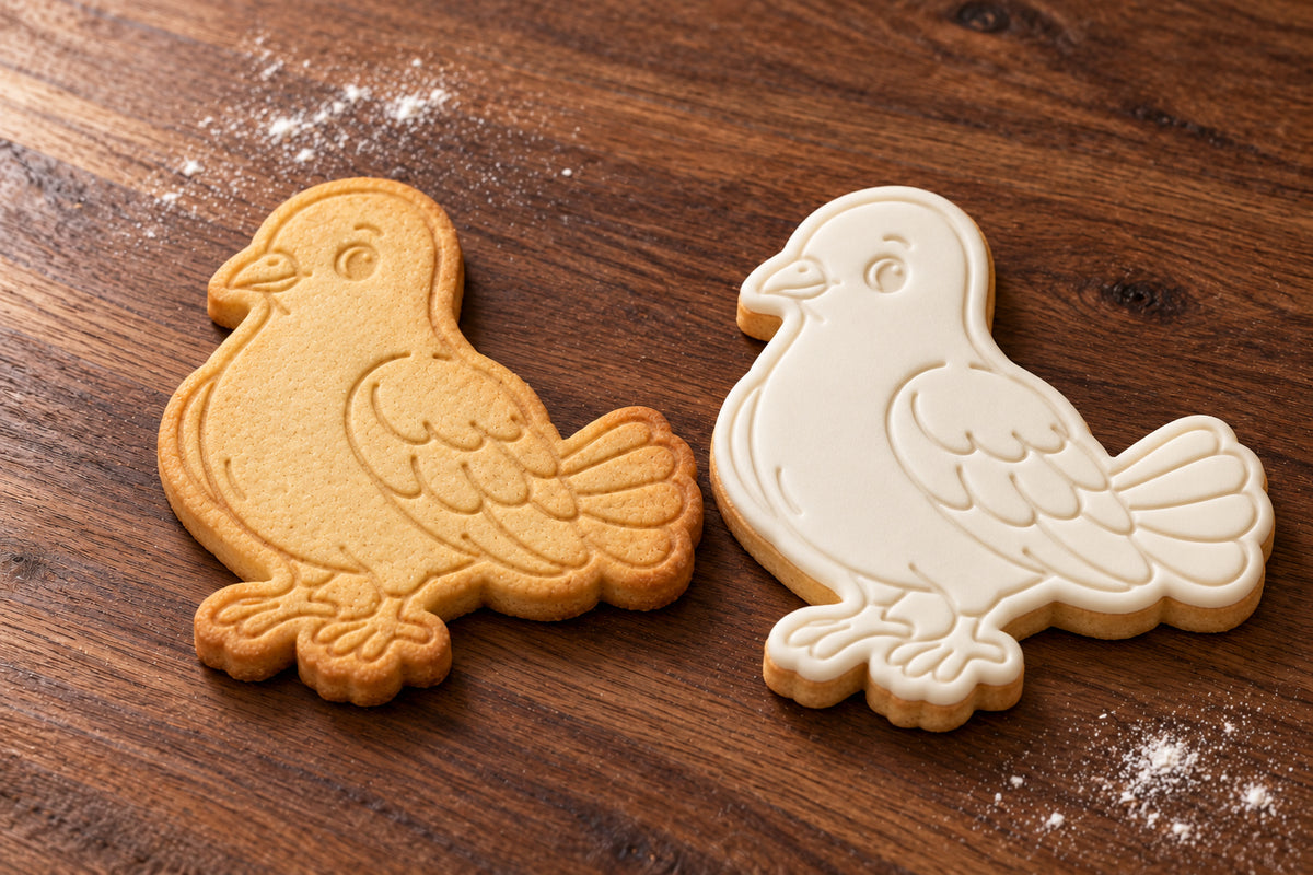 Dove cookie cutter and embosser set – plain cookie and white fondant cookie examples