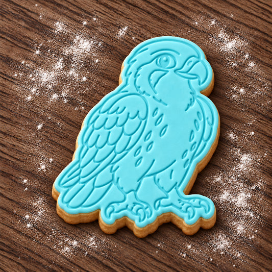 Falcon cookie cutter and embosser set – aqua fondant cookie example