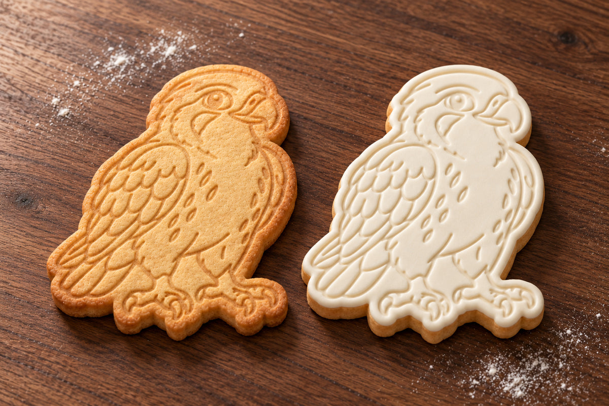 Falcon cookie cutter and embosser set – plain cookie and white fondant cookie examples