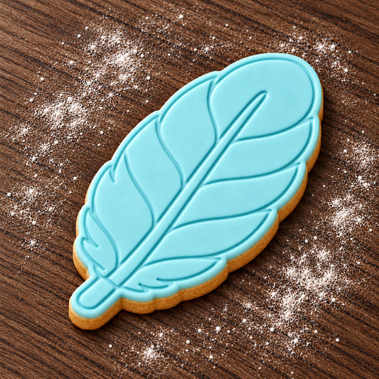 Feather cookie cutter and embosser set – aqua fondant cookie example