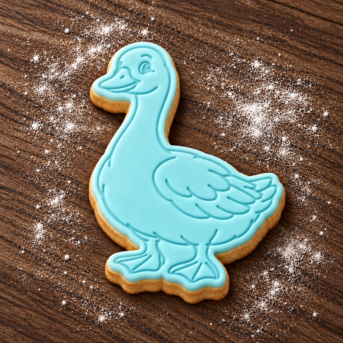 Goose cookie cutter and embosser set – aqua fondant cookie example