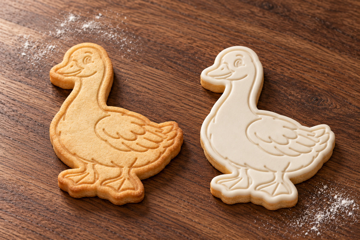 Goose cookie cutter and embosser set – plain cookie and white fondant cookie examples