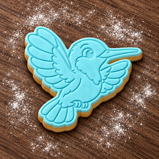 Hummingbird cookie cutter and embosser set – aqua fondant cookie example
