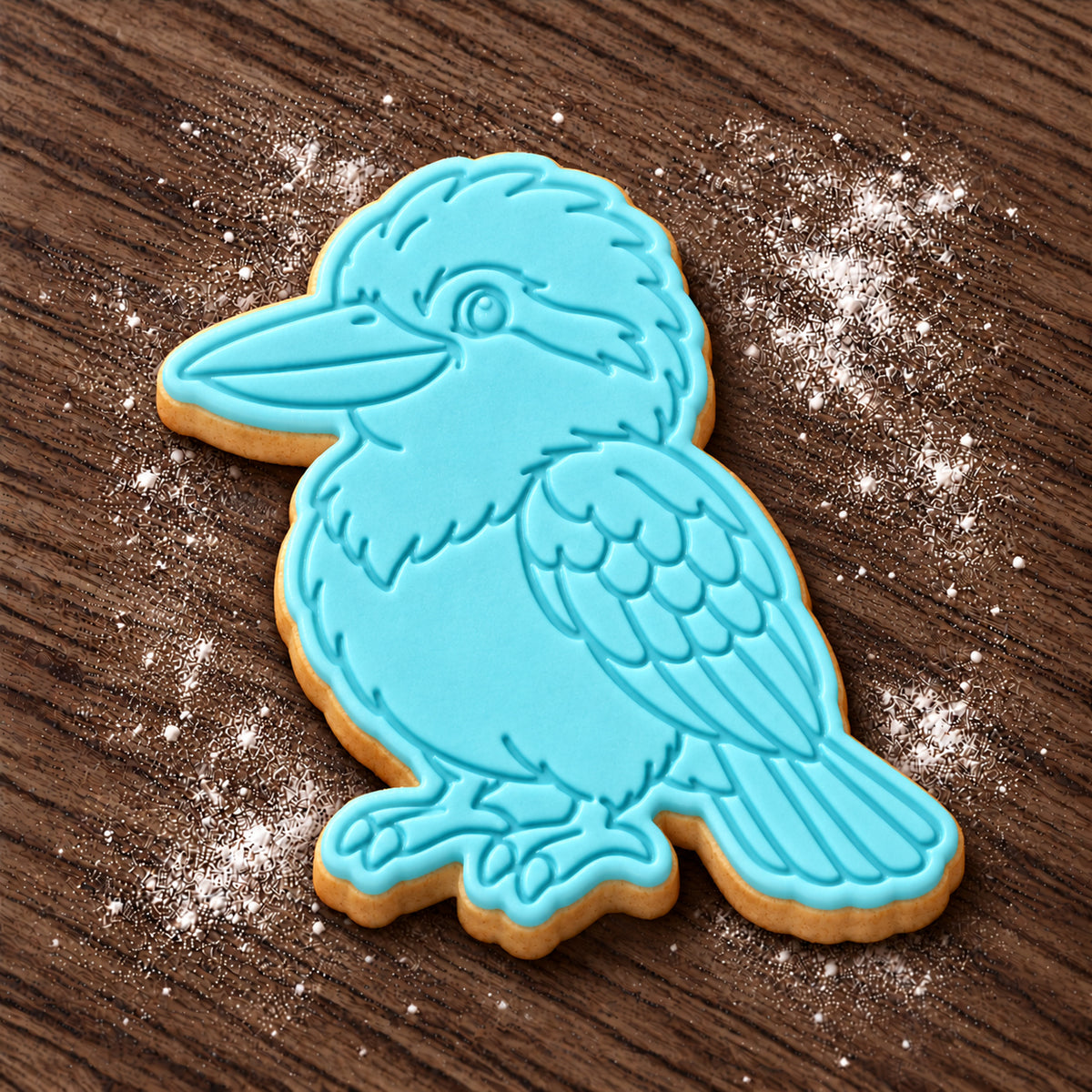 Kookaburra cookie cutter and embosser set – aqua fondant cookie example