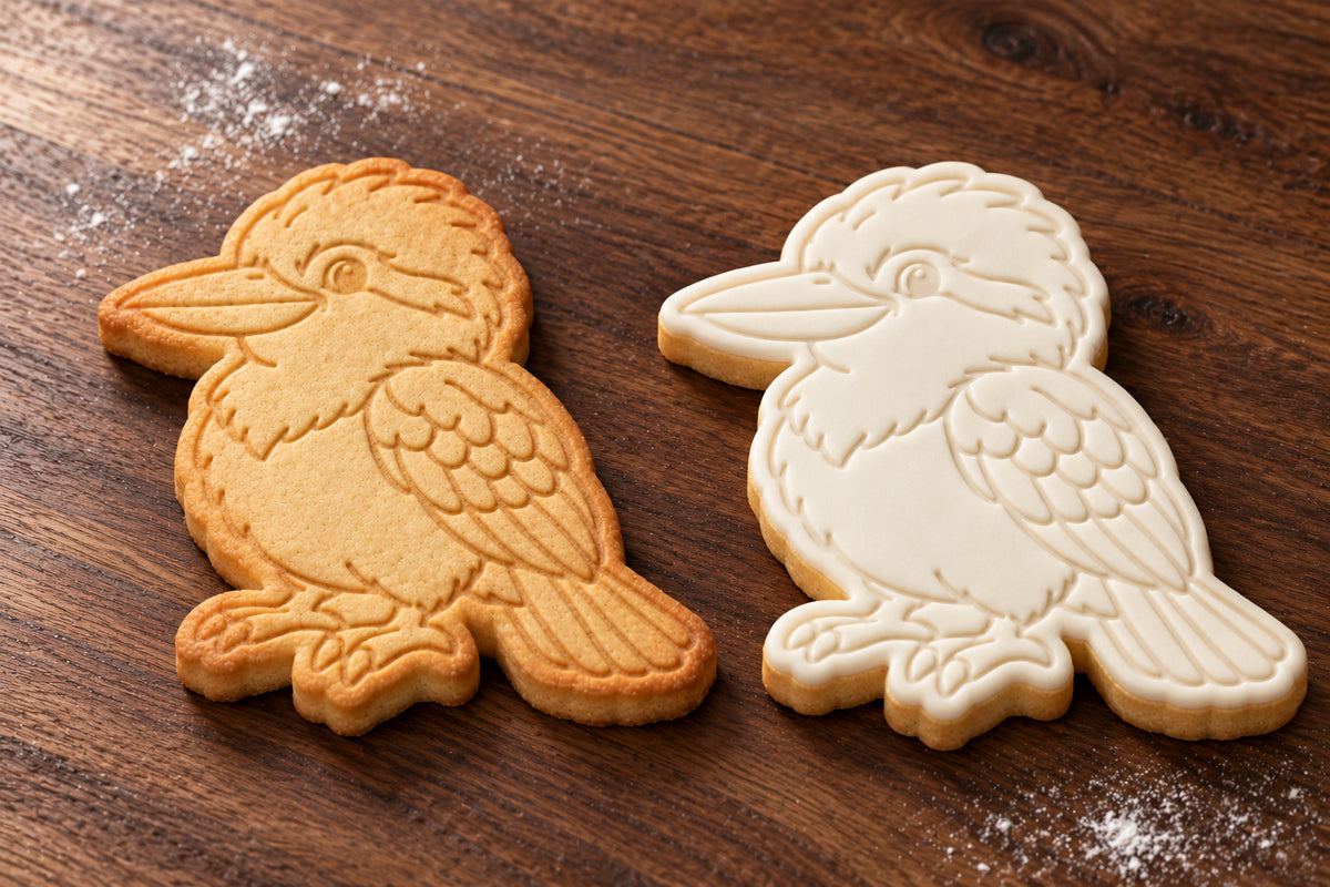 Kookaburra cookie cutter and embosser set – plain cookie and white fondant cookie examples
