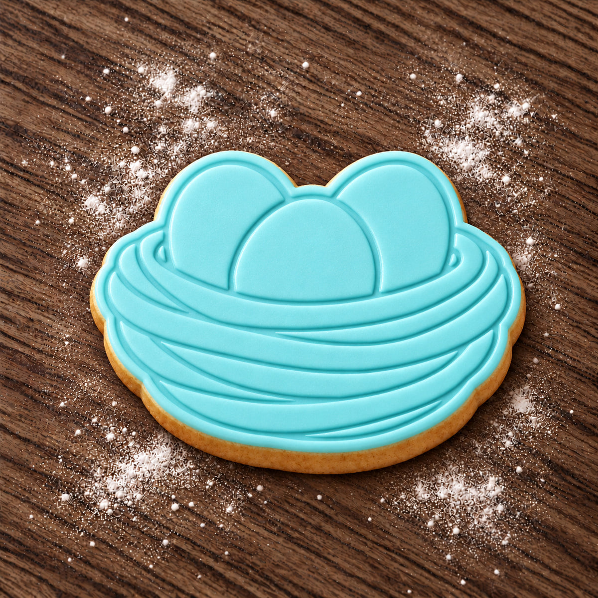 Nest with Eggs cookie cutter and embosser set – aqua fondant cookie example