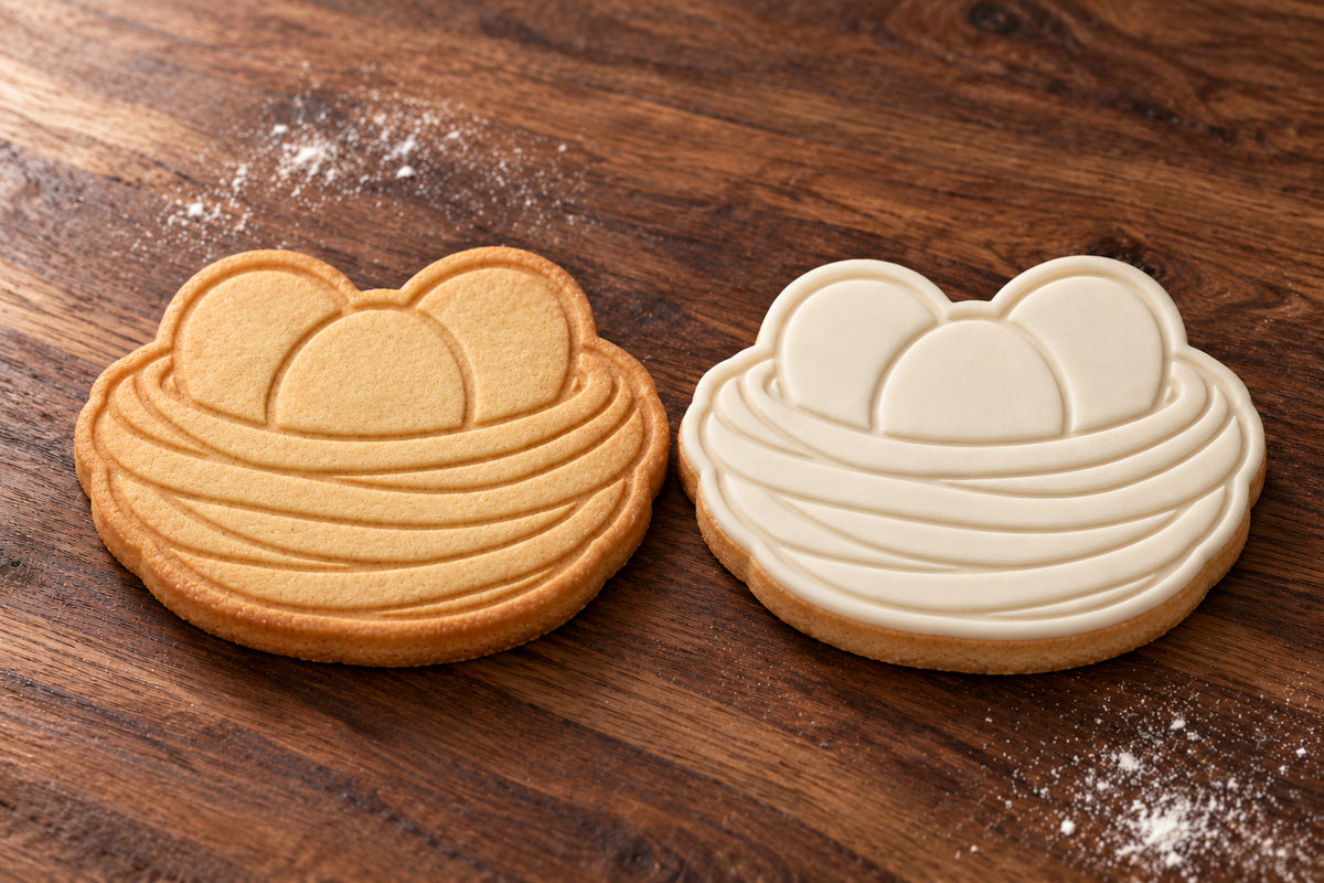 Nest with Eggs cookie cutter and embosser set – plain cookie and white fondant cookie examples