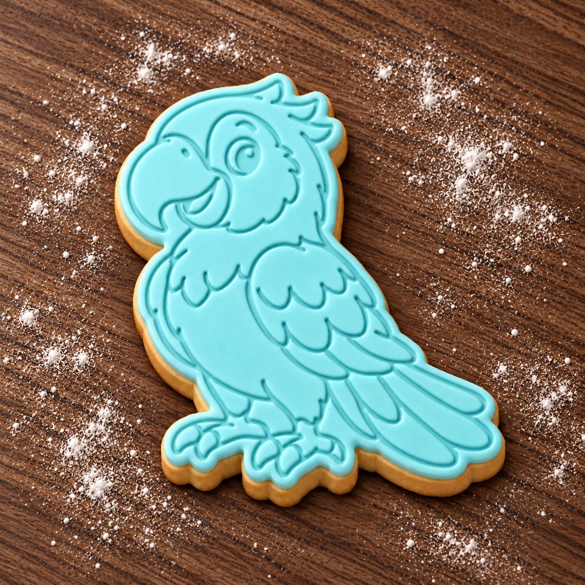 Parrot cookie cutter and embosser set – aqua fondant cookie example