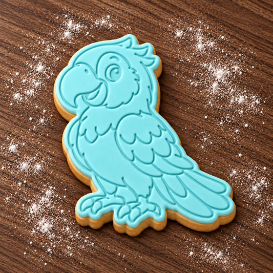 Parrot cookie cutter and embosser set – aqua fondant cookie example