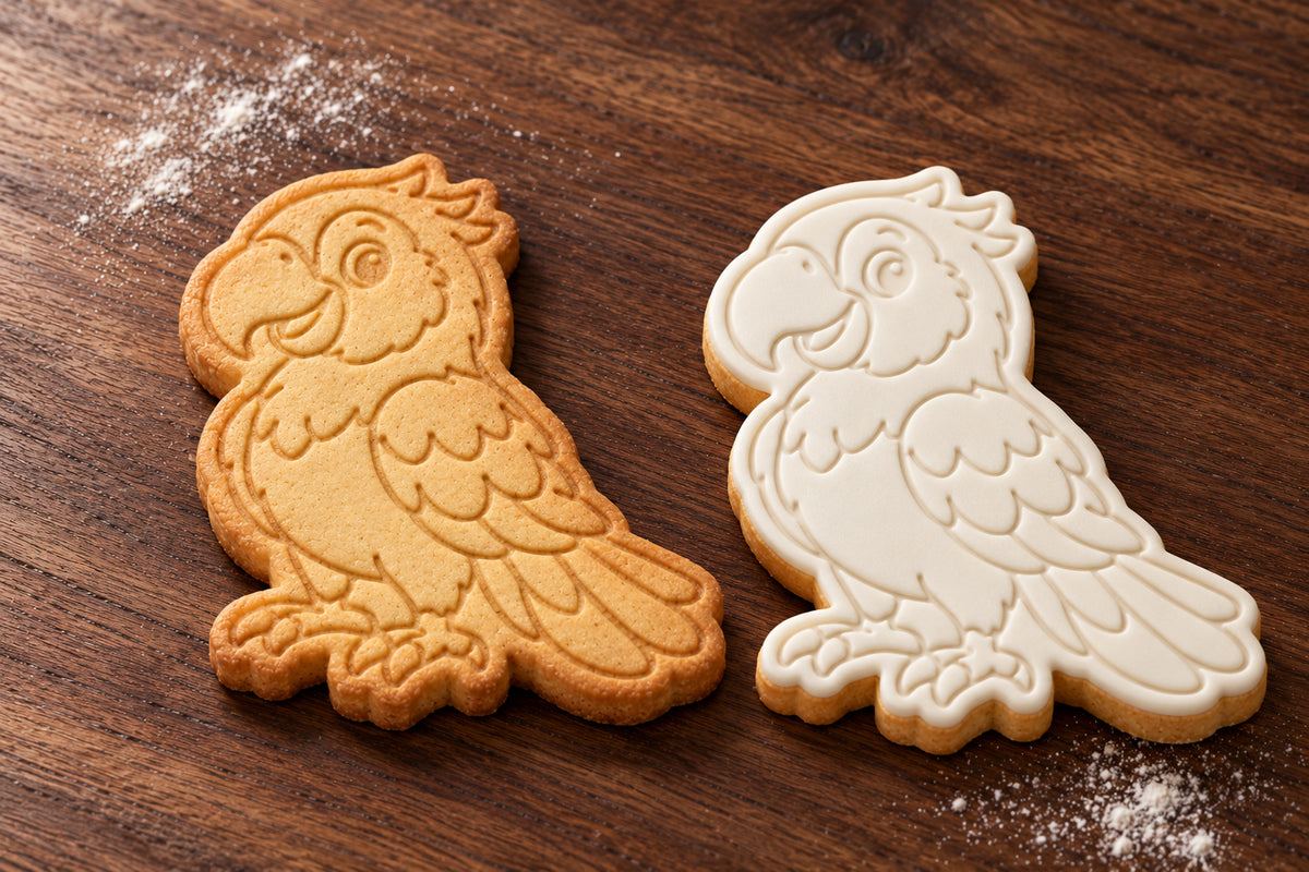 Parrot cookie cutter and embosser set – plain cookie and white fondant cookie examples