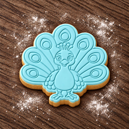Peacock cookie cutter and embosser set – aqua fondant cookie example