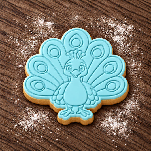 Peacock cookie cutter and embosser set – aqua fondant cookie example