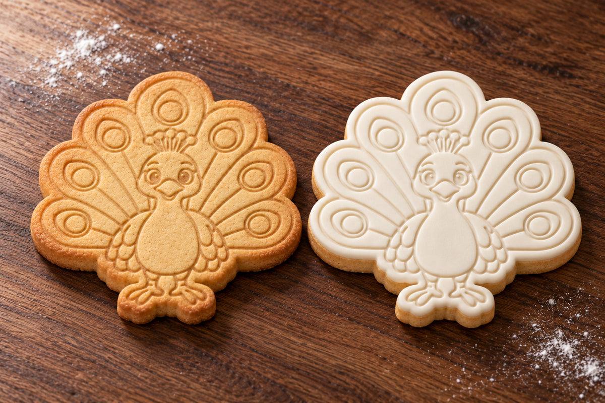 Peacock cookie cutter and embosser set – plain cookie and white fondant cookie examples