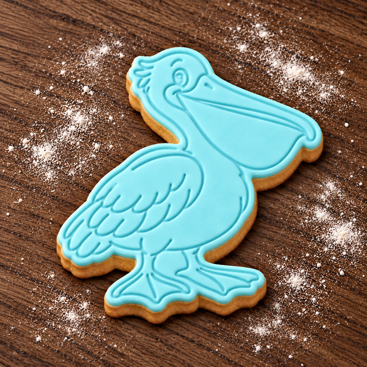 Pelican cookie cutter and embosser set – aqua fondant cookie example