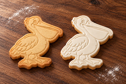 Pelican cookie cutter and embosser set – plain cookie and white fondant cookie examples