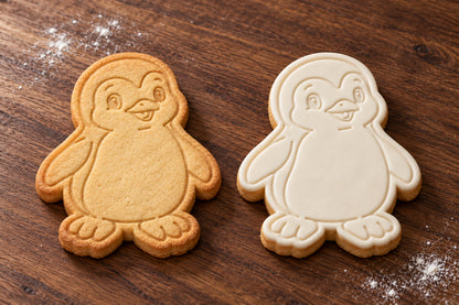 Penguin cookie cutter and embosser set – plain cookie and white fondant cookie examples