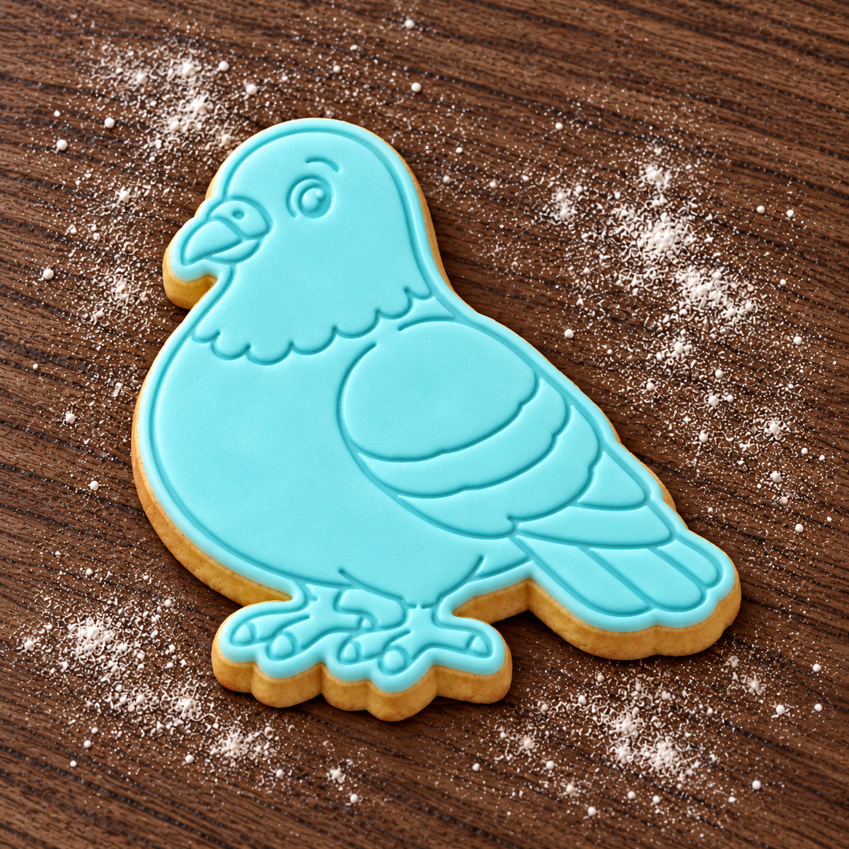 Pigeon cookie cutter and embosser set – aqua fondant cookie example