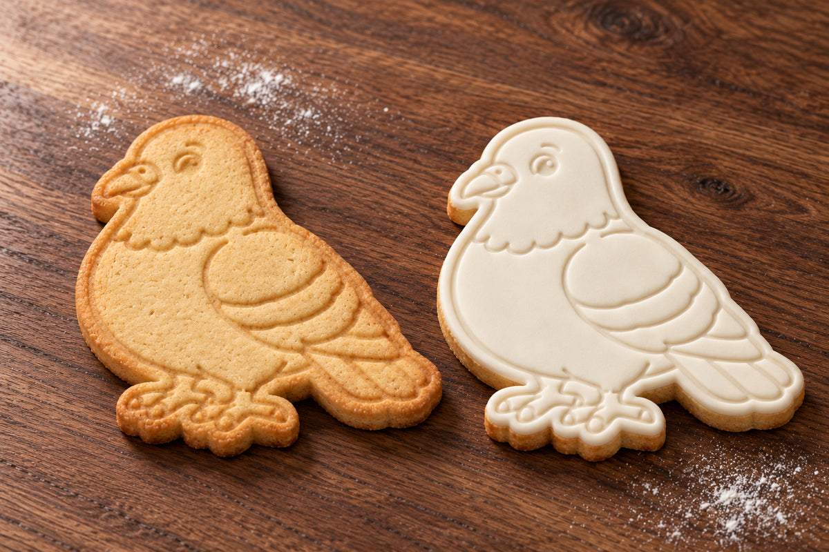 Pigeon cookie cutter and embosser set – plain cookie and white fondant cookie examples