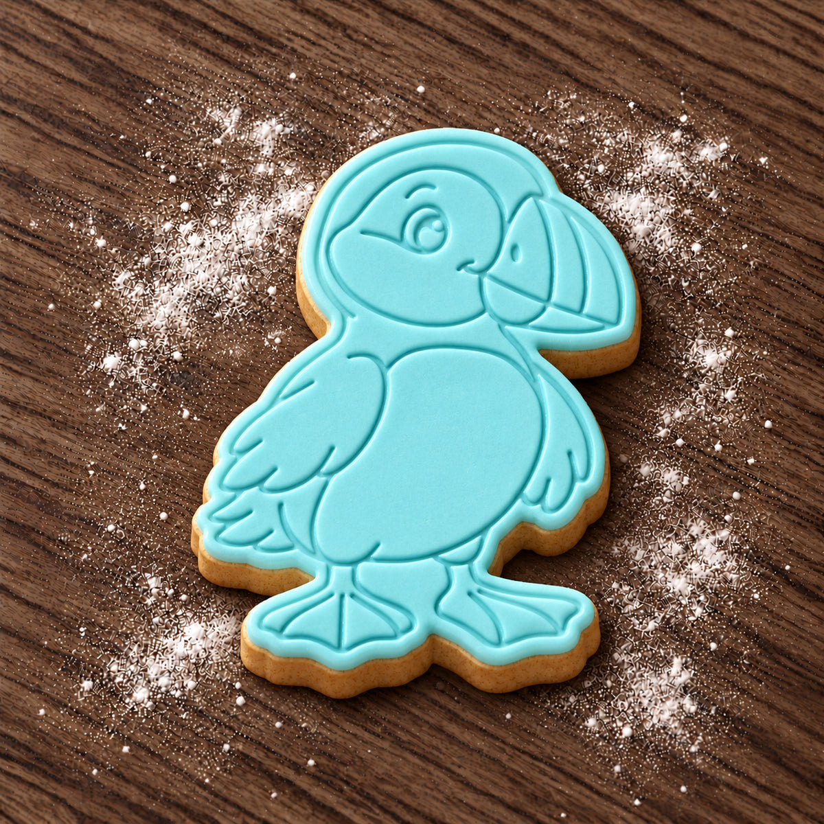 Puffin cookie cutter and embosser set – aqua fondant cookie example