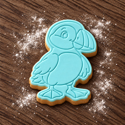 Puffin cookie cutter and embosser set – aqua fondant cookie example