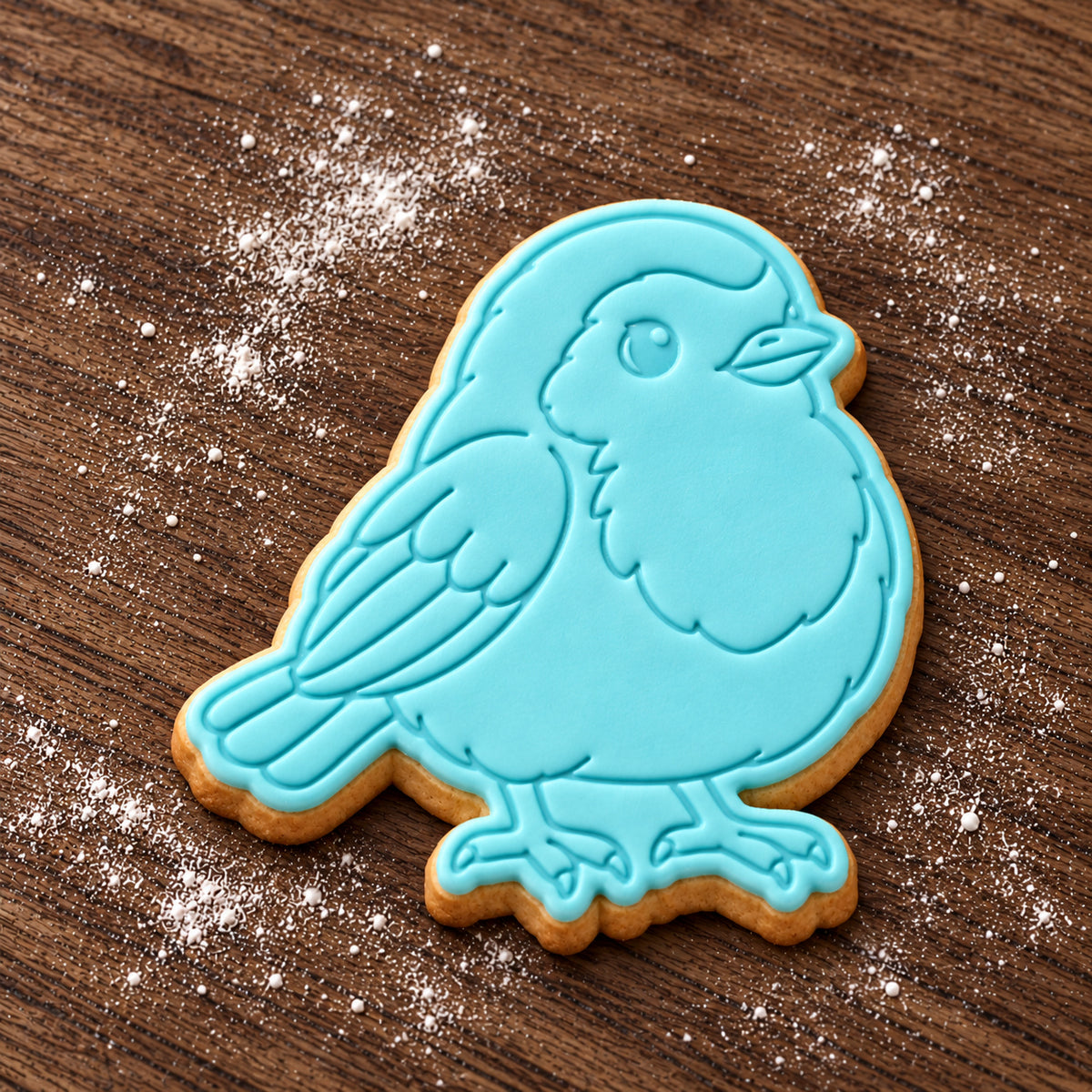 Robin cookie cutter and embosser set – aqua fondant cookie example