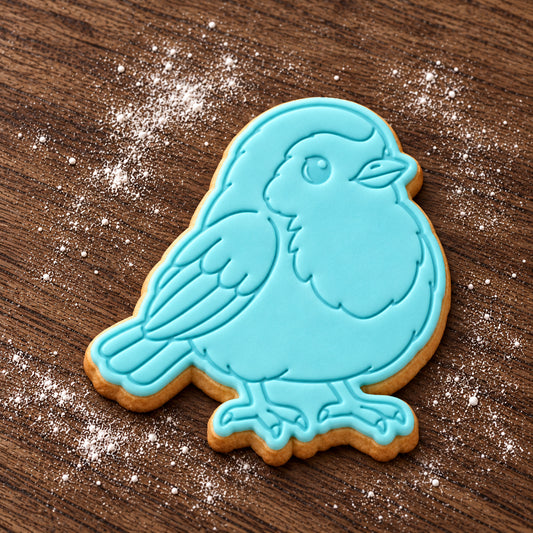 Robin cookie cutter and embosser set – aqua fondant cookie example