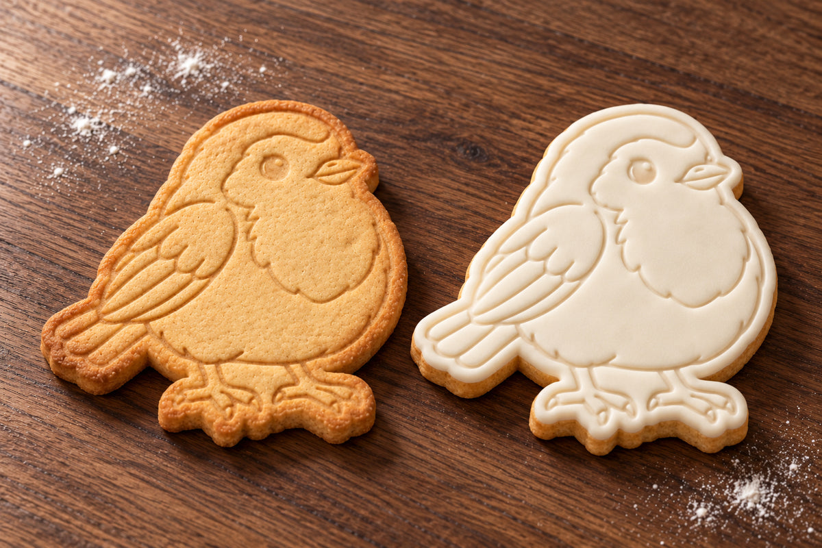 Robin cookie cutter and embosser set – plain cookie and white fondant cookie examples
