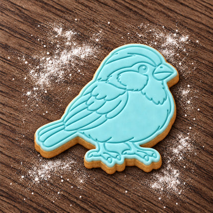 Sparrow cookie cutter and embosser set – aqua fondant cookie example
