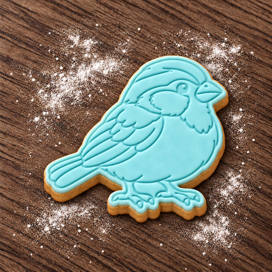 Sparrow cookie cutter and embosser set – aqua fondant cookie example