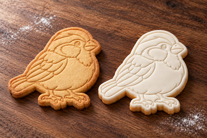 Sparrow cookie cutter and embosser set – plain cookie and white fondant cookie examples