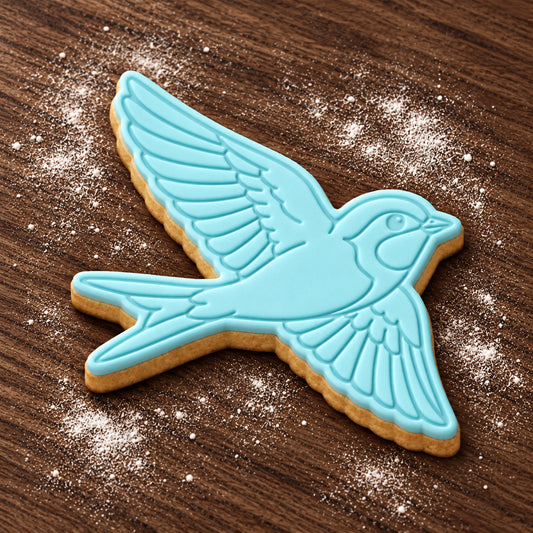 Swallow cookie cutter and embosser set – aqua fondant cookie example