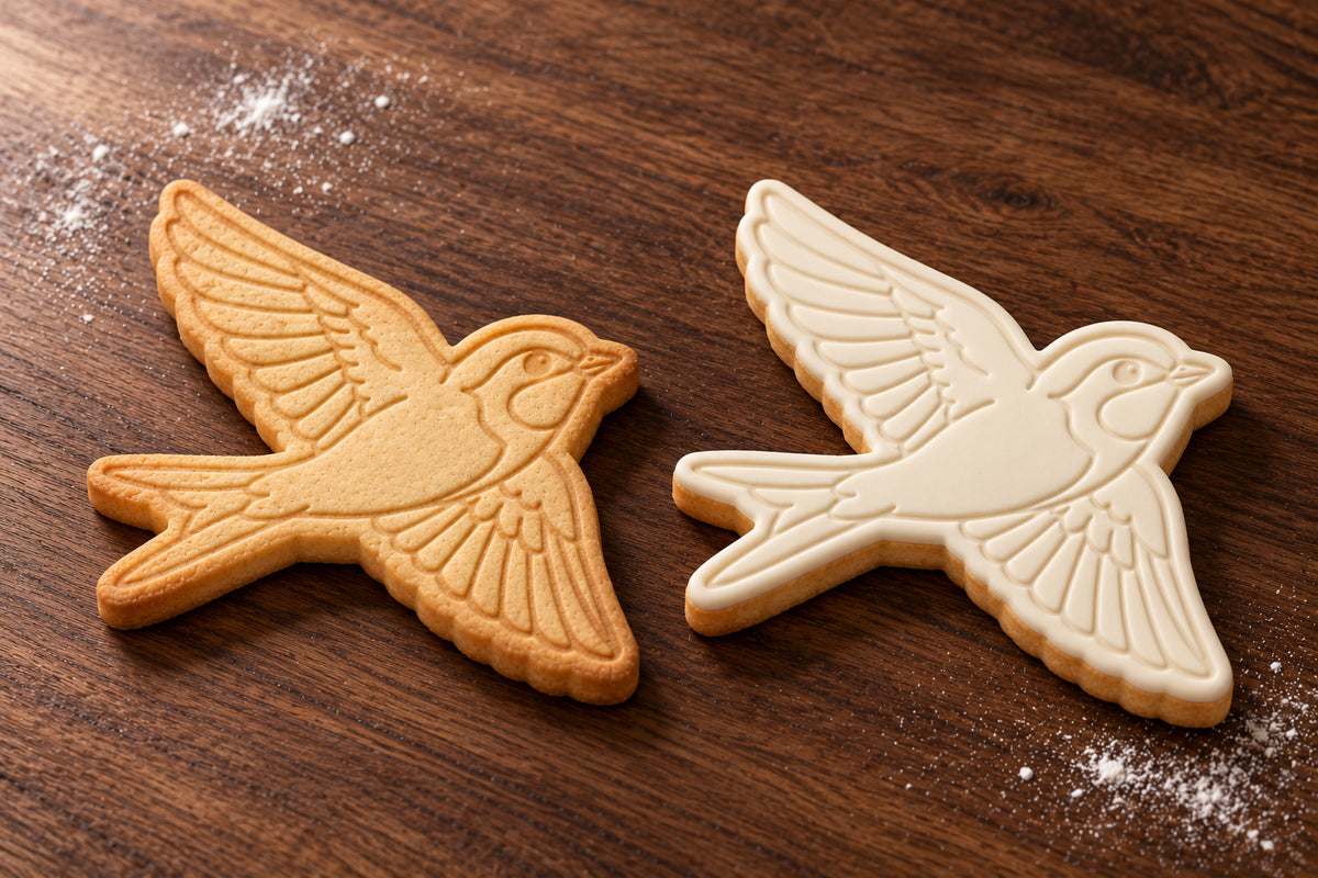 Swallow cookie cutter and embosser set – plain cookie and white fondant cookie examples