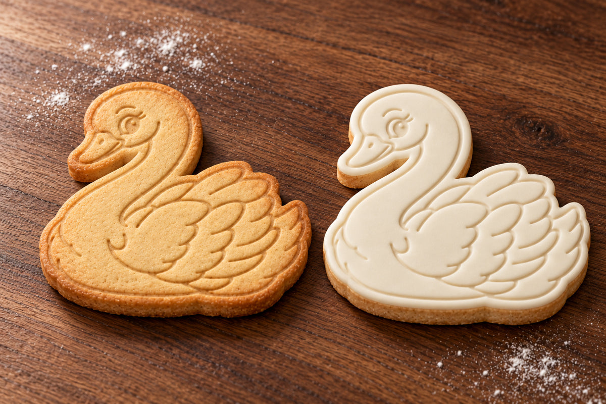Swan cookie cutter and embosser set – plain cookie and white fondant cookie examples