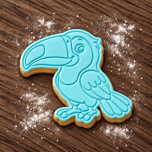 Toucan cookie cutter and embosser set – aqua fondant cookie example