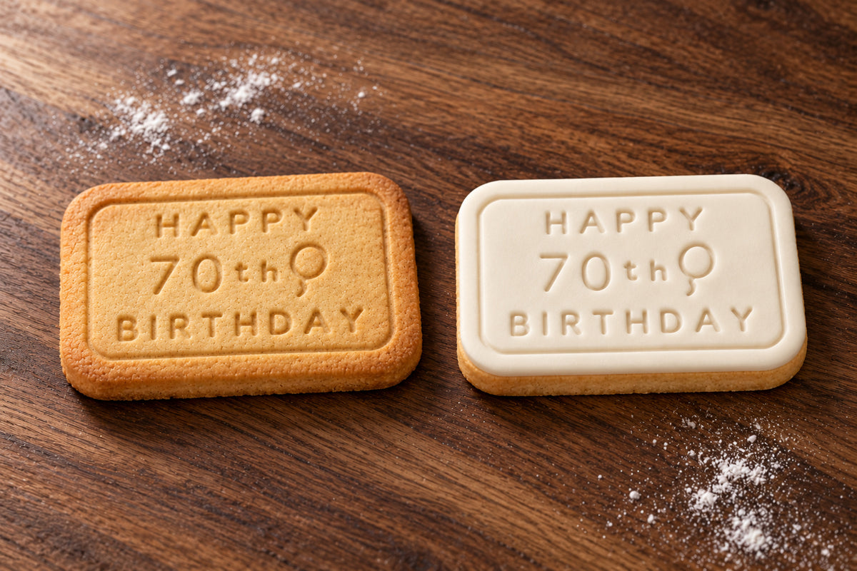 Happy 70th Birthday plain and white fondant cookie examples