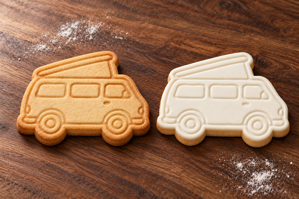Campervan plain and white fondant cookie examples