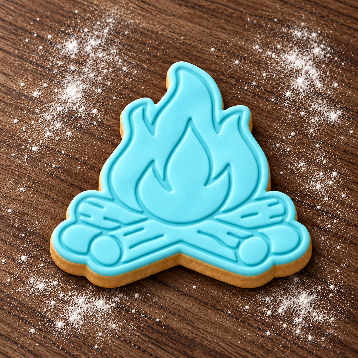 Campfire decorated fondant cookie