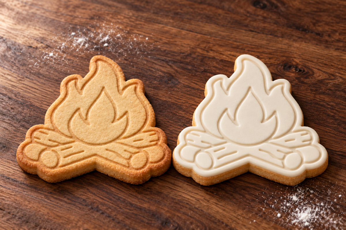 Campfire plain and white fondant cookie examples